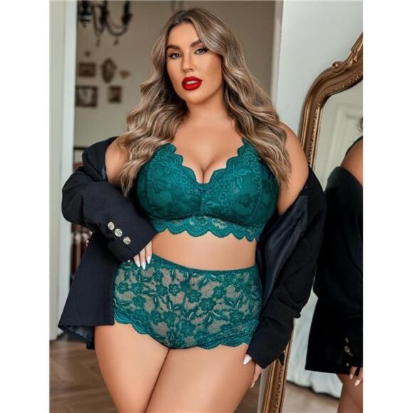 Luxe Plus Size Lingerie Set: Sexy Lace Halter Bralette & High-Waist Panty NWT - Picture 2 of 6